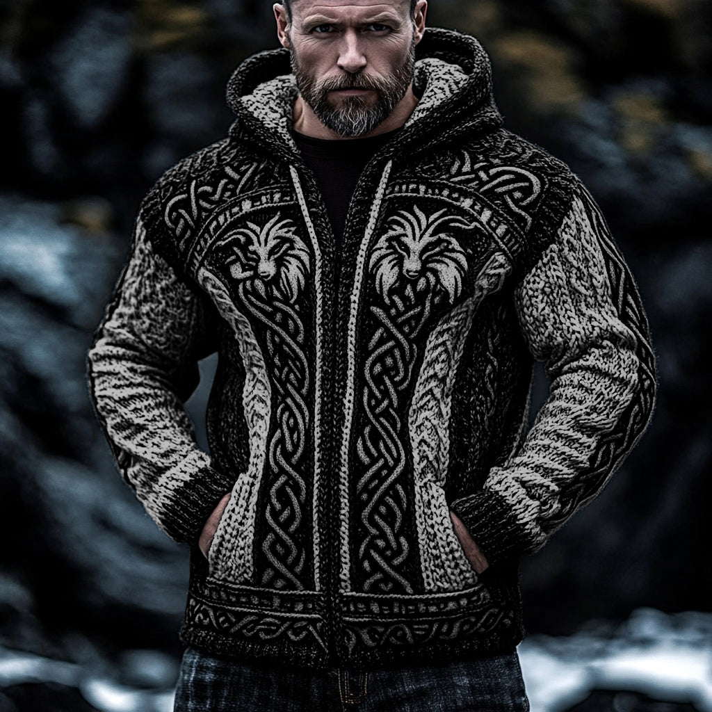 Men's Viking Wolf Style Celtic Thick Zip Hooded Sweater artswardrobe