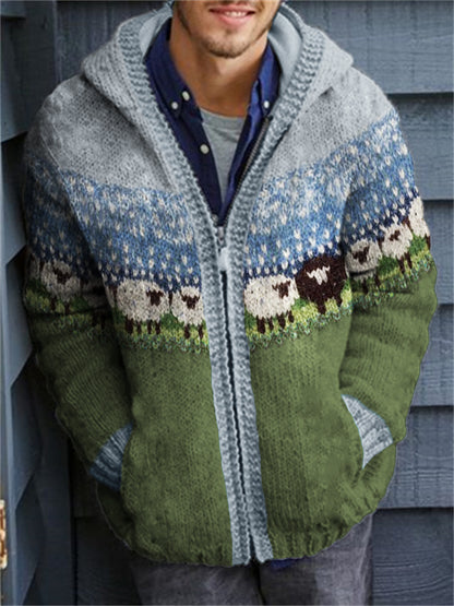 Men's Vintage Sheep Landscape Icelandic Cozy Knit Hooded Cardigan elevenforest
