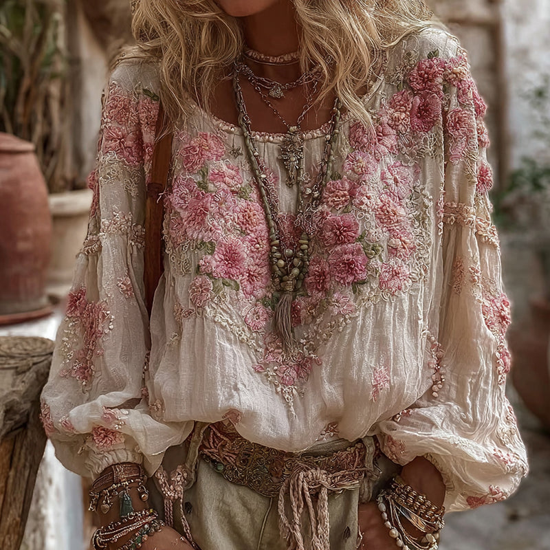 Comstylish Women's Vintage Floral Embroidery Casual Crew Neck Shirt