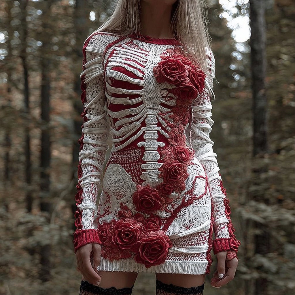 Classy Bloody Roses Skeleton Art Bandages Knit Sweater Dress artswardrobe