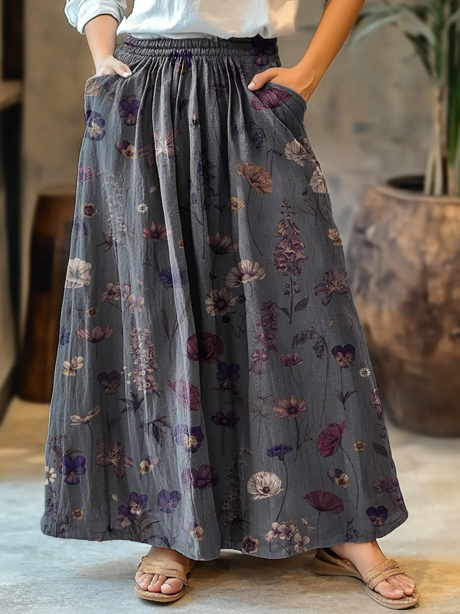 Women's Vintage Folk Art Floral Pattern Print Cotton Pocket Skirt