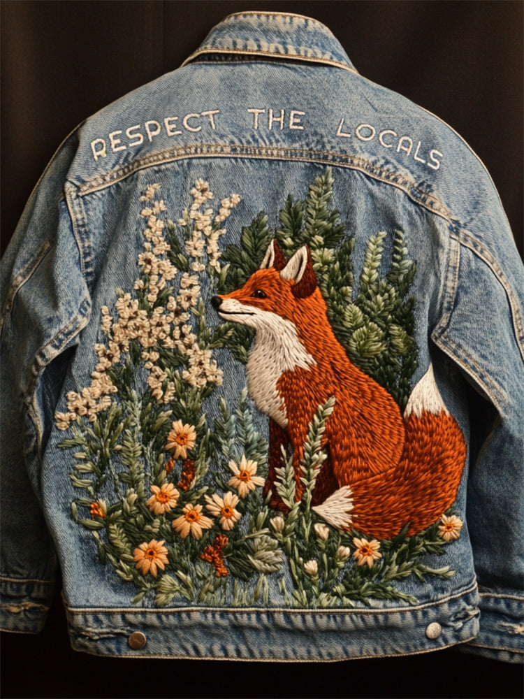 Respect The Locals Fox Floral Embroidered Denim Jacket artswardrobe
