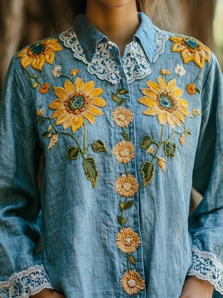 Comstylish Sunflower Embroidered Lace Art Women's Long Sleeve Blouse