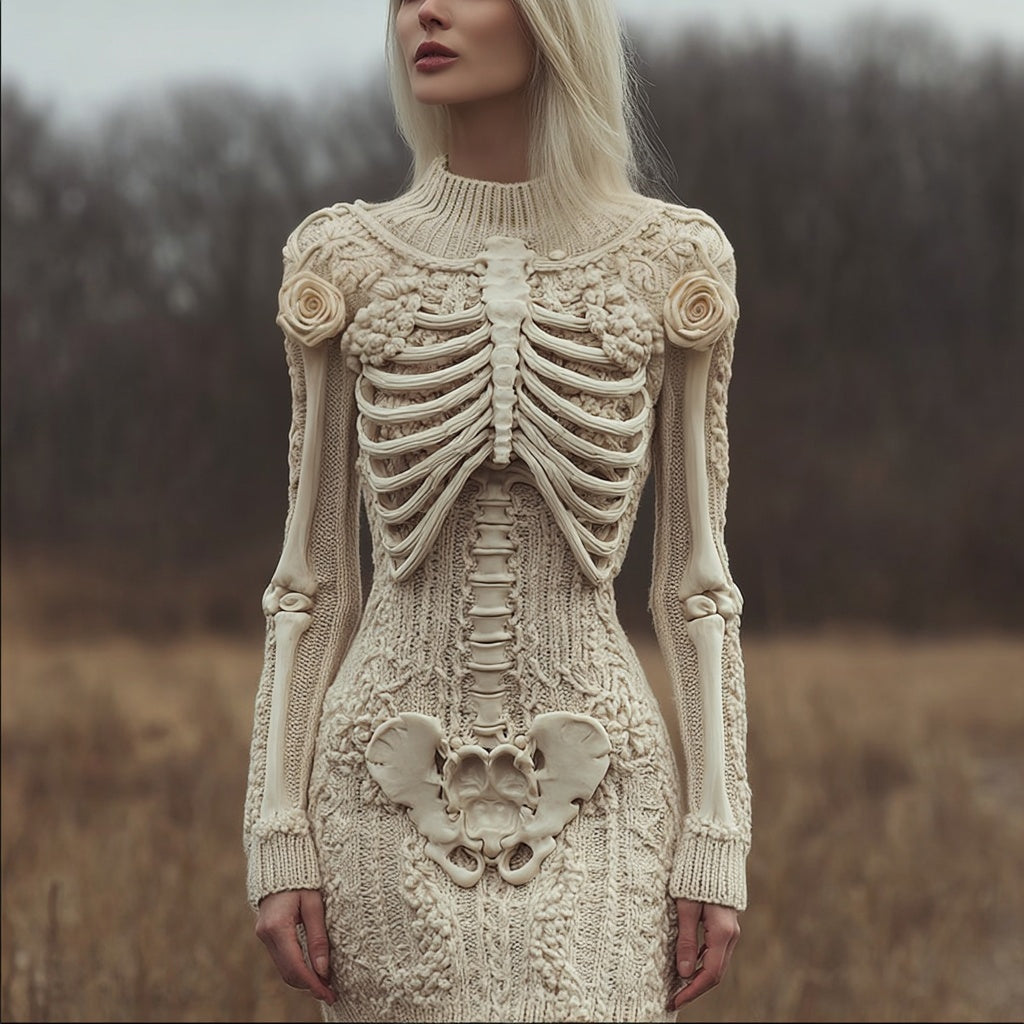 Vintage Skeleton White Roses Slim Fit Cozy Knit Sweater Dress artswardrobe