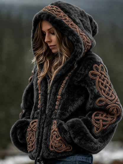 Comstylish Women's Viking Celtic Art Cozy Warm Flannel Hooded Jacket
