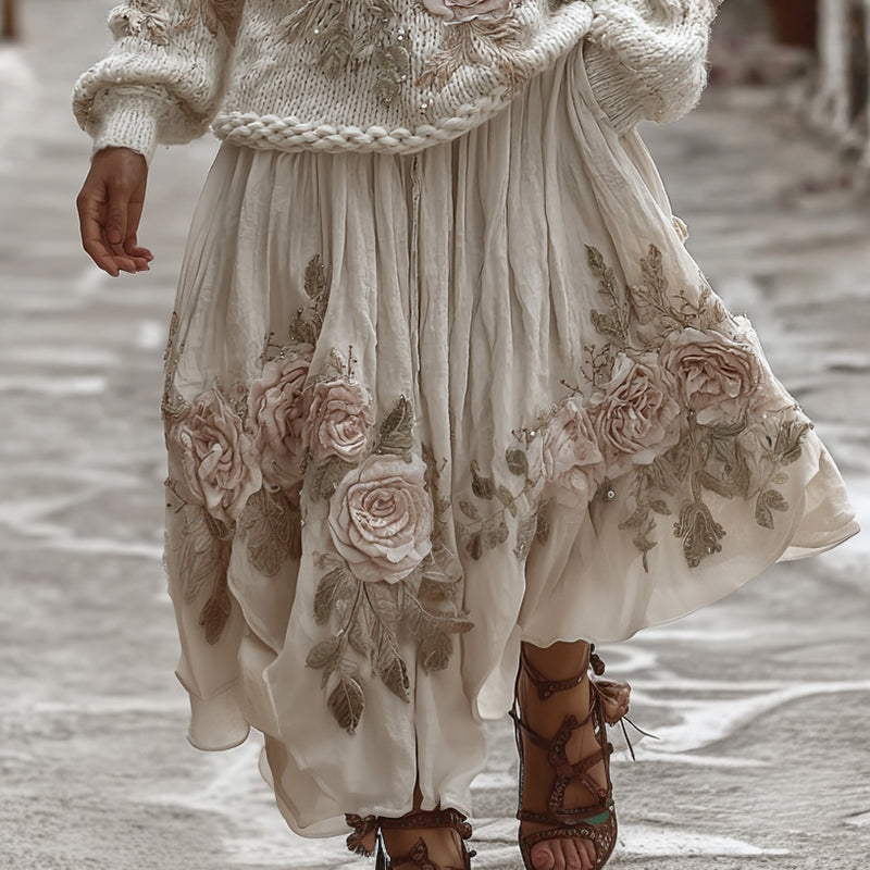 Classic Rose Art Cozy Knit V Neck Sweater And Linen Skirt Two-piece Set elevenforest