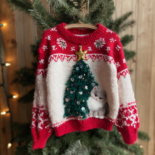 Christmas Tree And Cat Color Match Sweater artswardrobe
