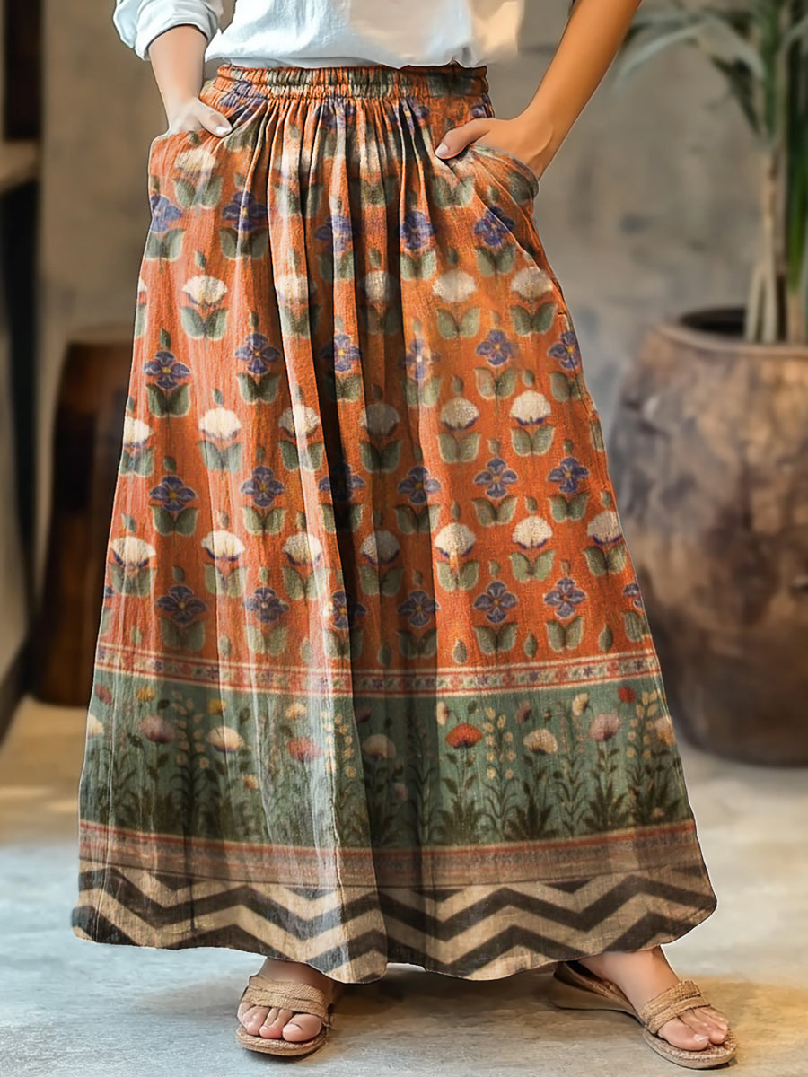 Women's Vintage Floral Collage Art Pattern Print Cotton Pocket Skirt