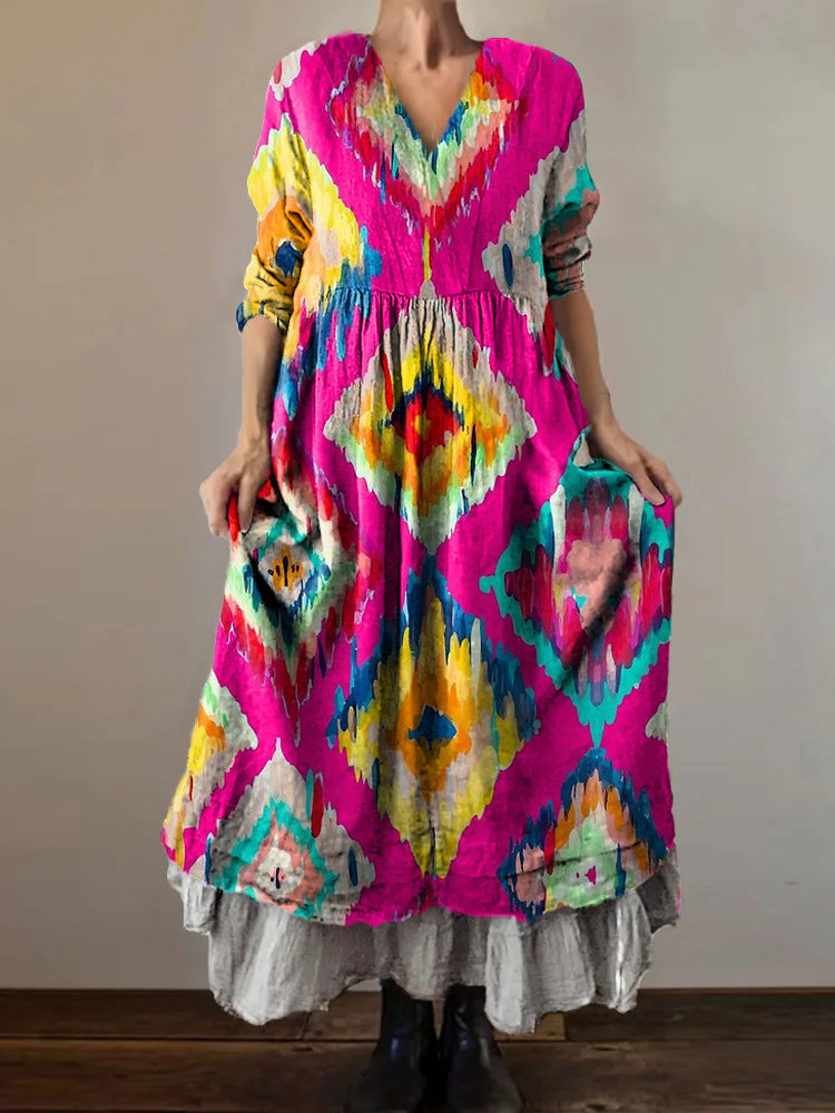 Women's Tie-Dye Diamond Pattern Art Print V-Neck Pocket Cotton Dress