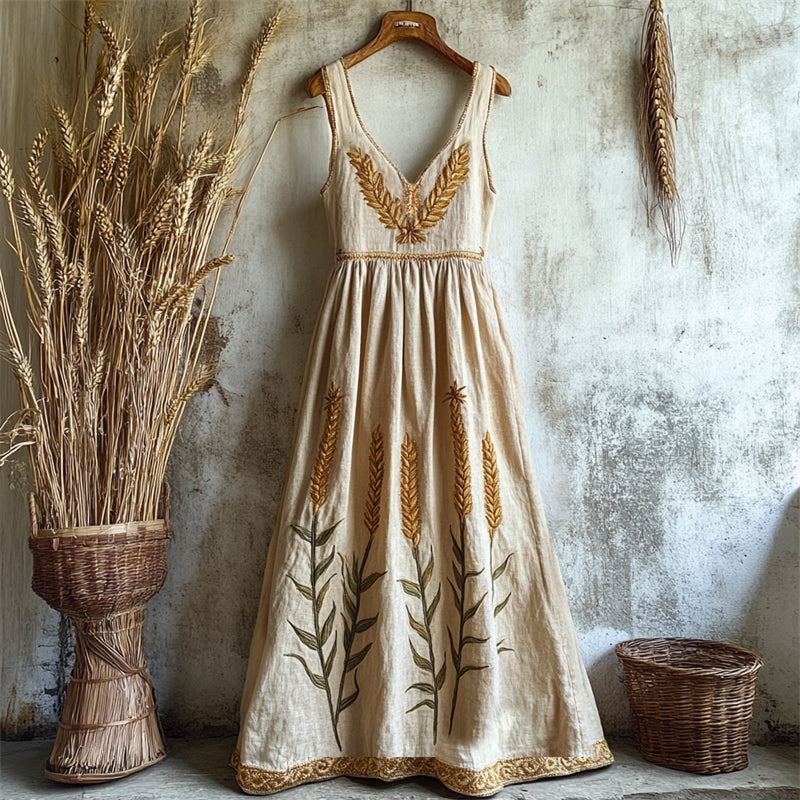 Lammas Elegant Wheat Embroidered Linen Maxi Dress artswardrobe
