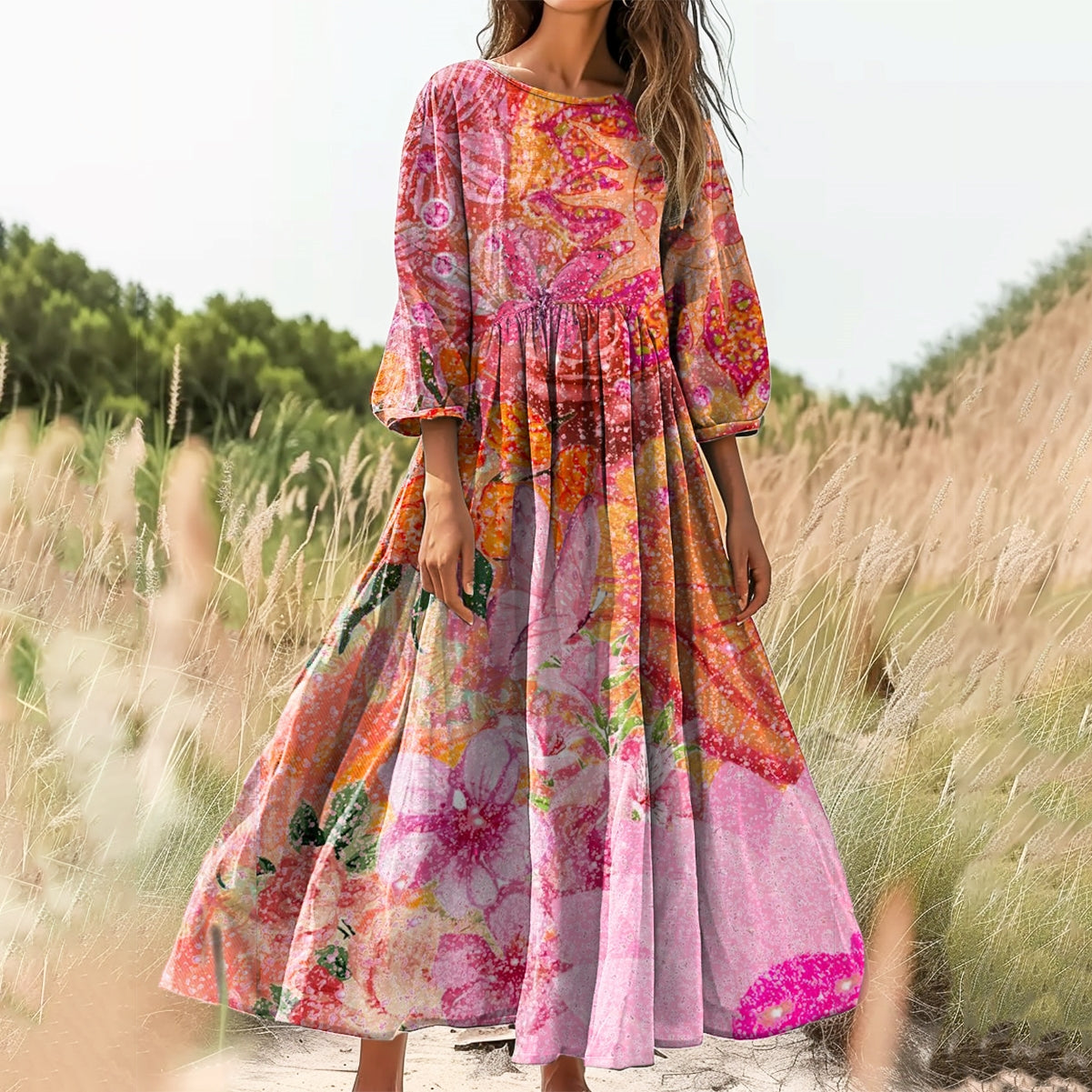 Women's Floral Art Print Cotton Crew Neck Dress