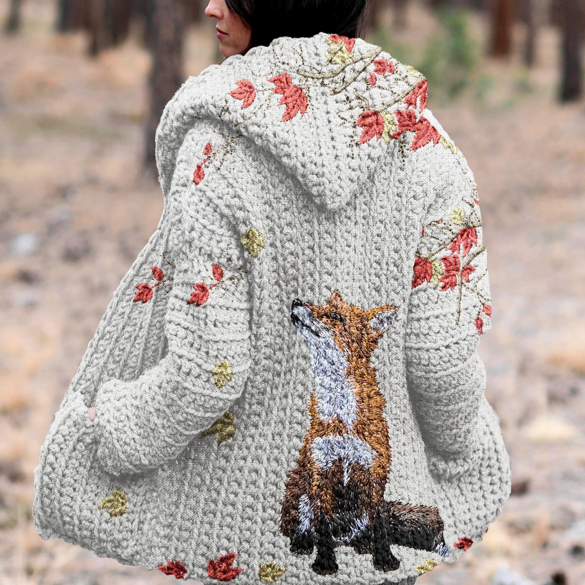 Autumn Fox Maple Leaf Embroidery Art Print Kint Hooded Cardigan artswardrobe