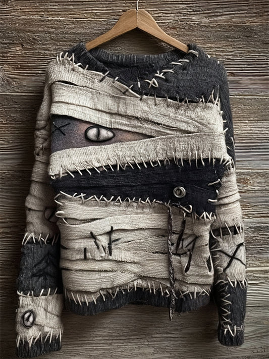Halloween Spooky Mummy Bandages Stitched Cozy Knit Sweater elevenforest