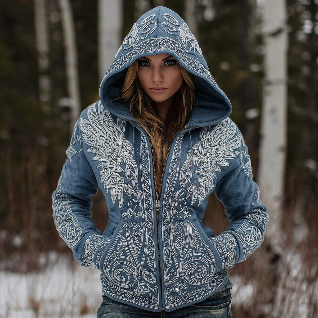 Comstylish Women's Retro Celtic Knot Wing Pattern Casual Zip-up Hoodie