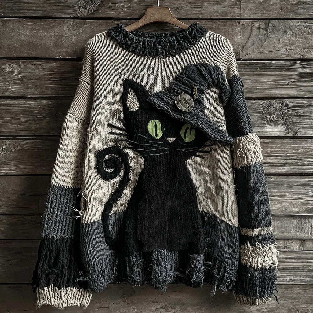 Halloween Black Cat Striped Knitted Warm Crew Neck Sweater elevenforest