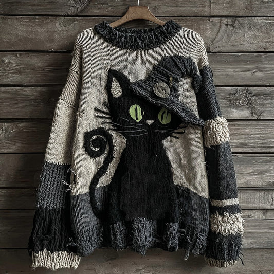 Halloween Black Cat Striped Knitted Warm Crew Neck Sweater elevenforest