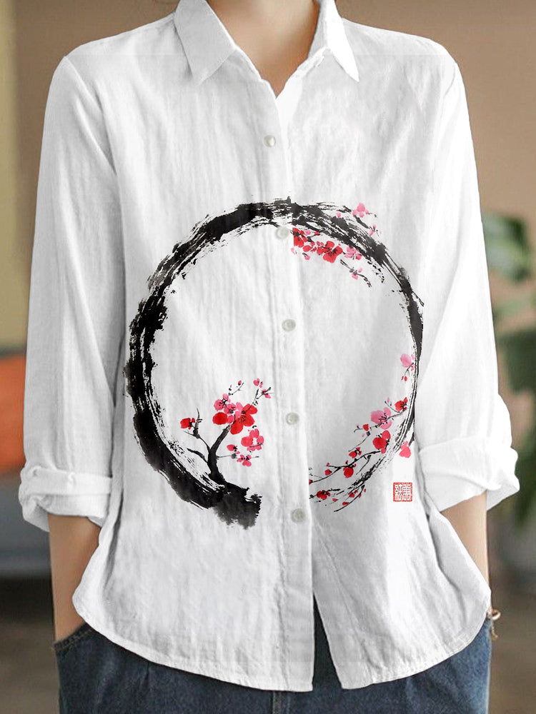 Comstylish Japanese Sumi-e Cherry Blossom Art Linen Blend Blouse