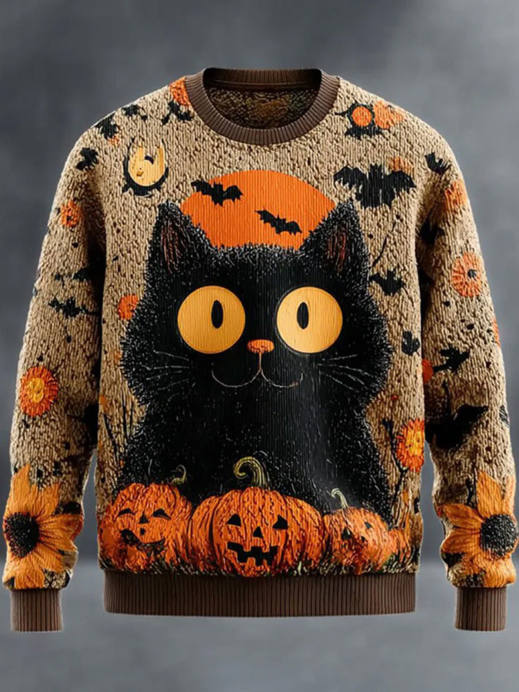 Men's Halloween Black Cat Knitted Sweater artswardrobe