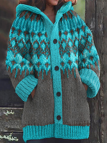 Retro Ethnic Geometric Pattern Contrast Sweater Cardigan elevenforest