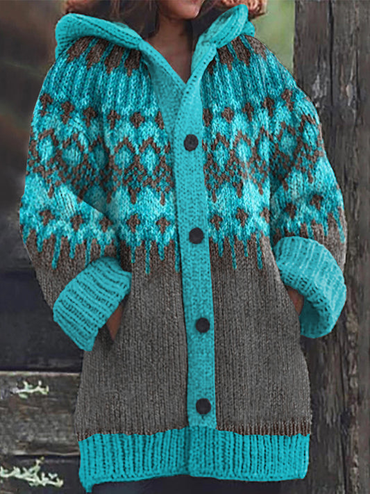 Retro Ethnic Geometric Pattern Contrast Sweater Cardigan elevenforest