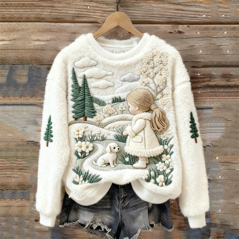 Comstylish Little Girl & Dog Winter Forest Landscape Cozy Plush Sweatshirt