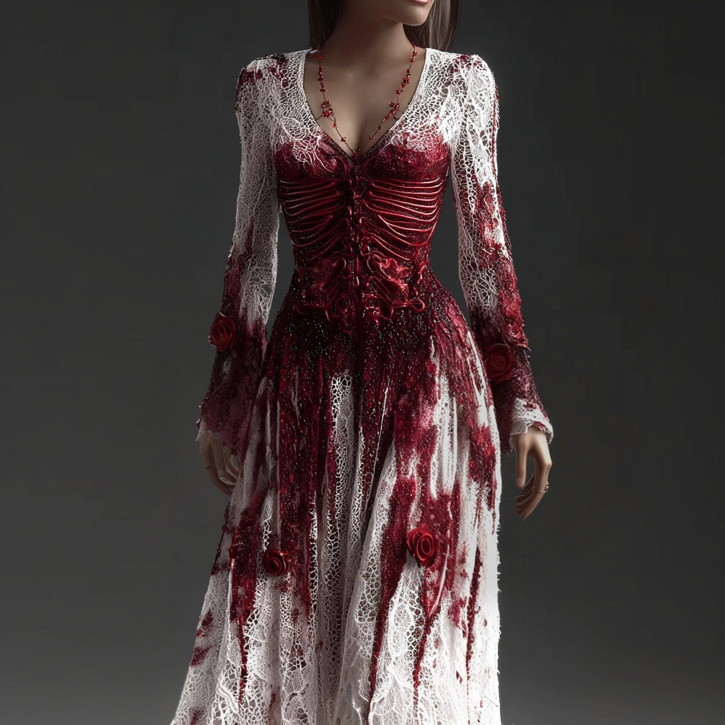 Comstylish Classy Skeleton Bloody Roses Lace V Neck Maxi Dress