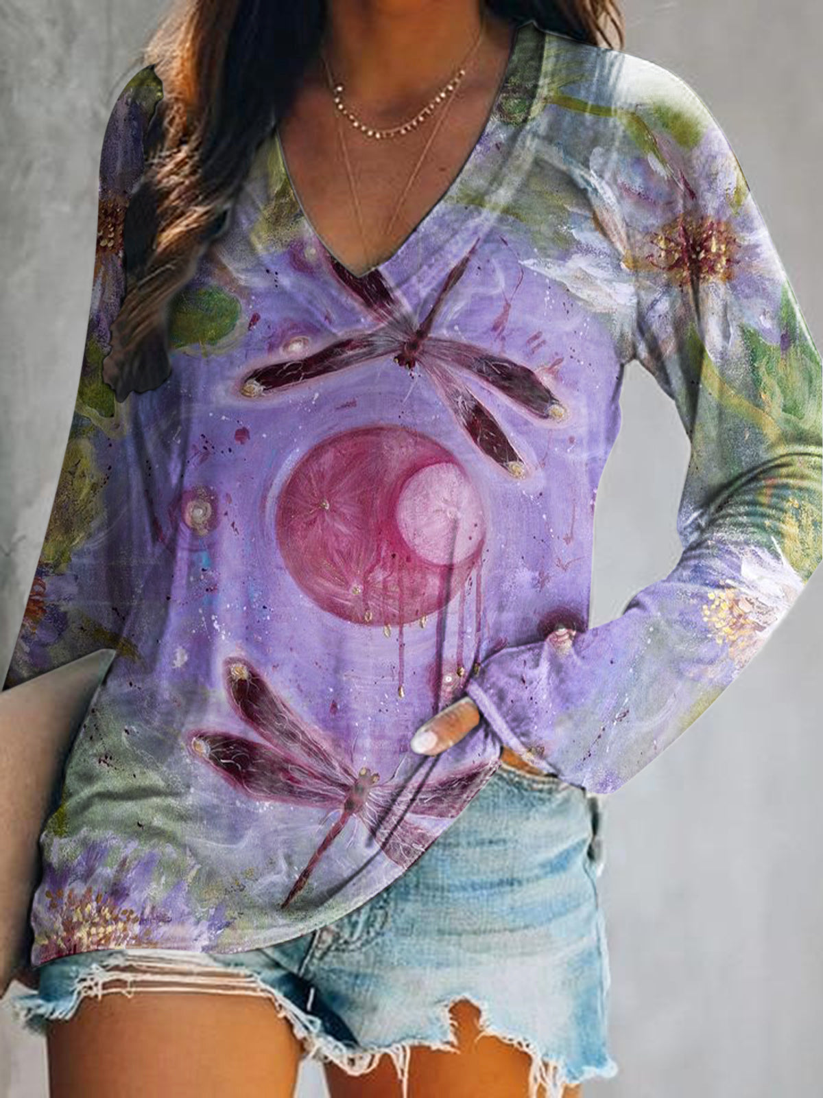 Women's Casual Vintage Floral Dragonfly Art Print V Neck Long Sleeve T