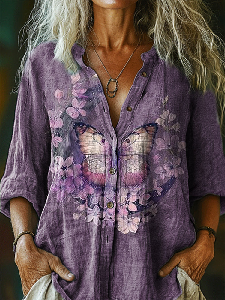 Women's Vintage Butterfly Floral Tattoo Pattern Art Print Casual Cotto