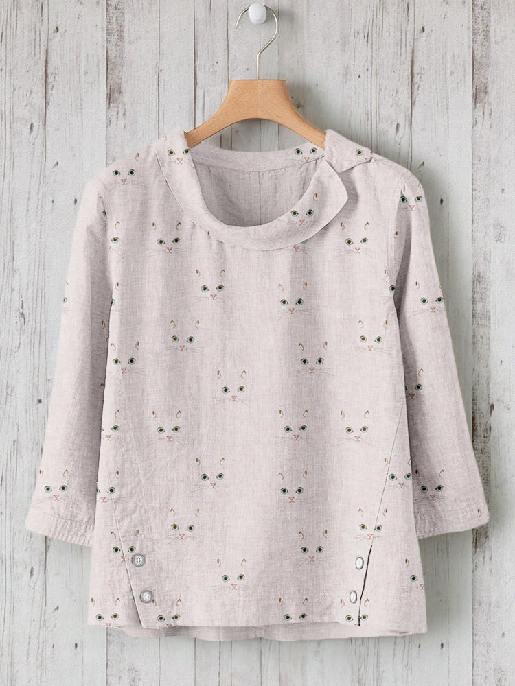 Comstylish Cute Cat Face Pattern Linen Blend Cozy Tunic