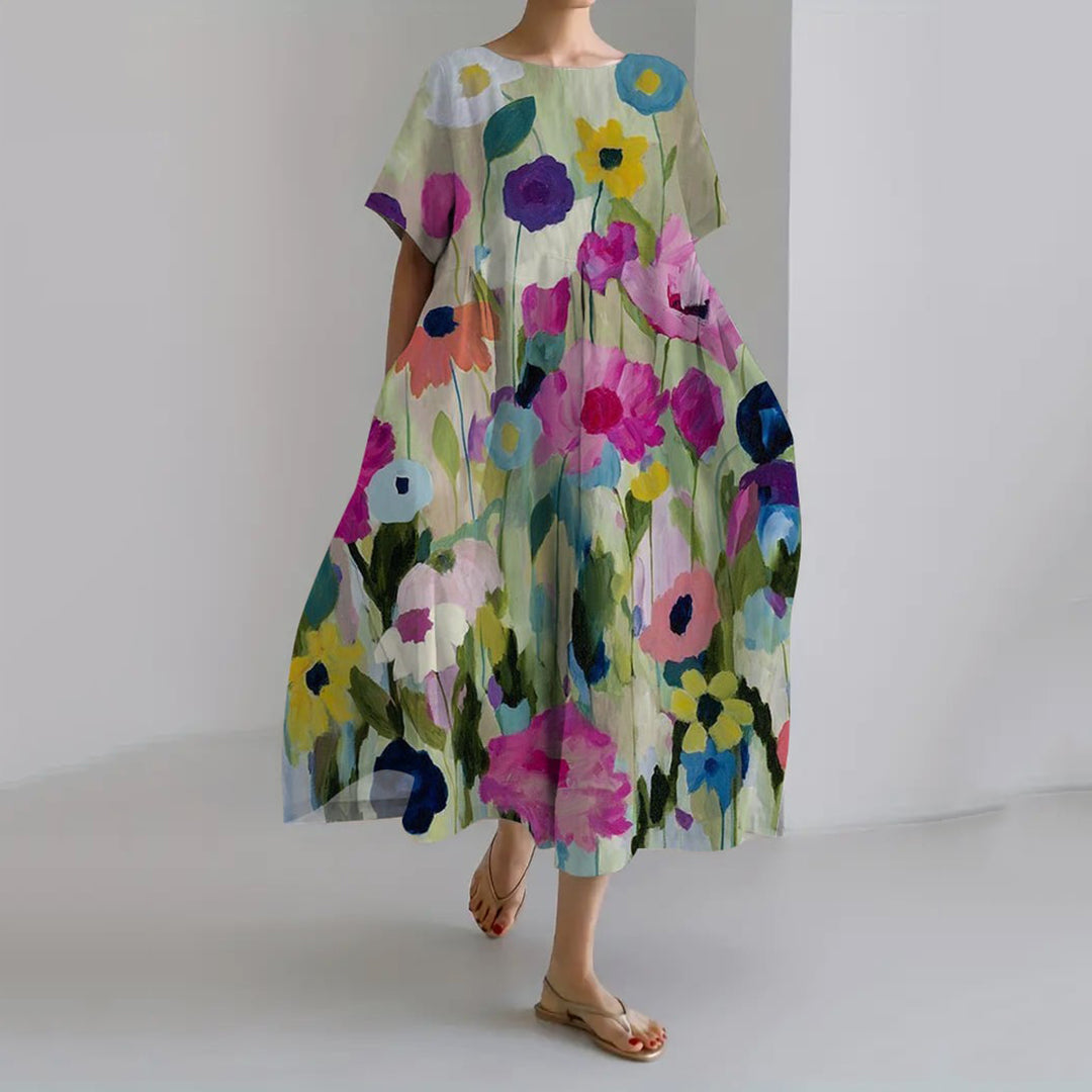 Women's Retro Botanical Floral Design Printed Casual Loose Dress artswardrobe