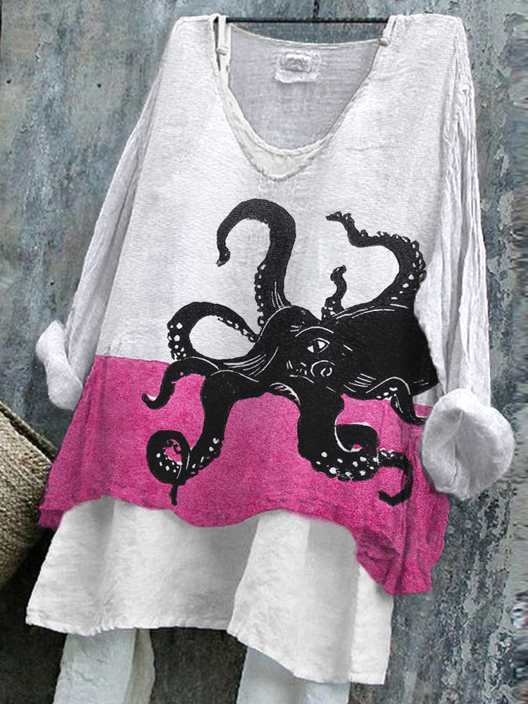 Comstylish Japanese Art Octopus Print Linen Blend Shirt