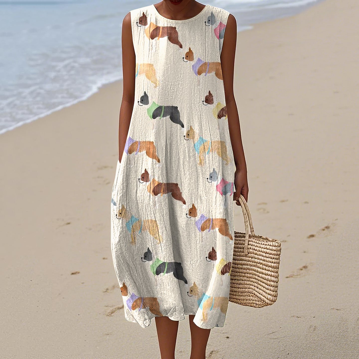 Retro Cute French Bulldog Art Linen Tank Midi Dress artswardrobe