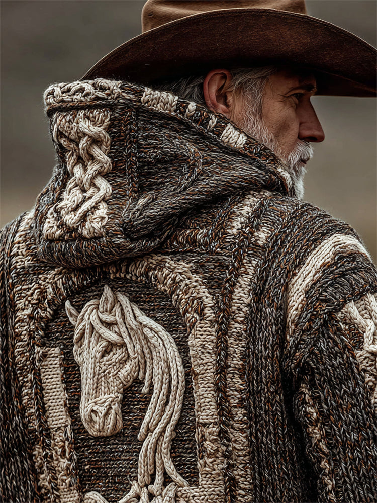 Men's Vintage Horse Crochet Celtic Cozy Chunky Hooded Cardigan artswardrobe