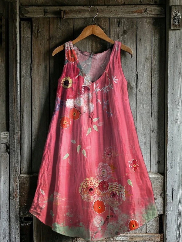 Women's Floral Print V-Neck Sleeveless Comfort Cotton Pocket Dress