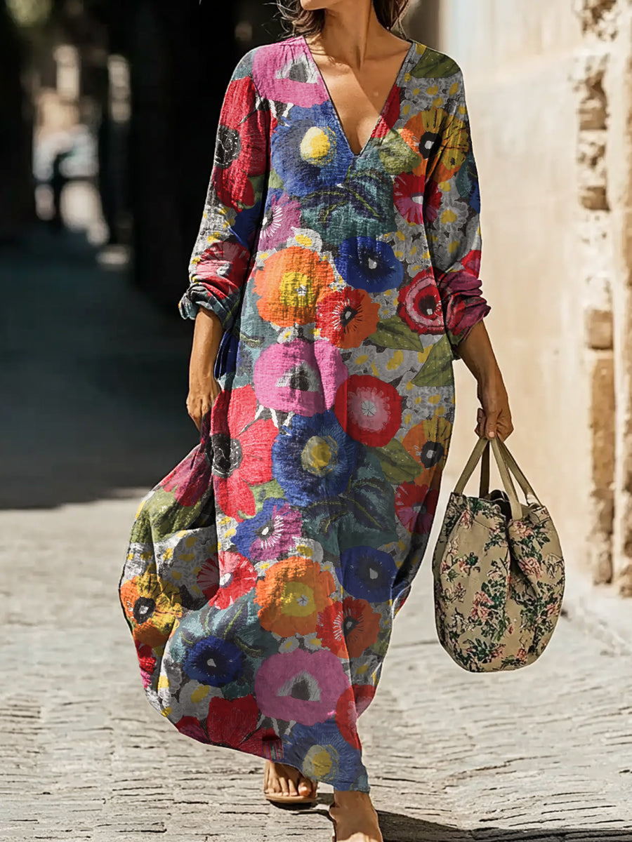 Women's Colorful Flower Art Print Pocket Cotton Dress