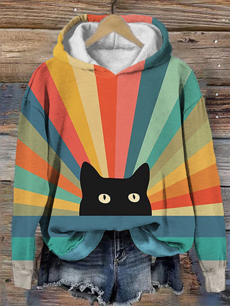 Rainbow Cat Print Long Sleeve Hooded Sweatshirt elevenforest