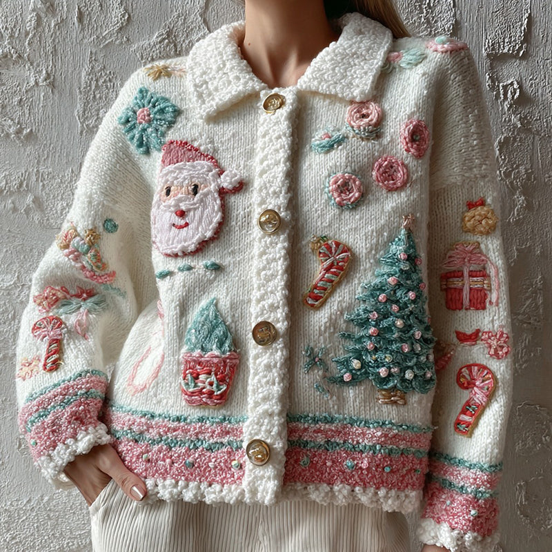 Women's Christmas Candy Embroidery Button-down Sweater artswardrobe