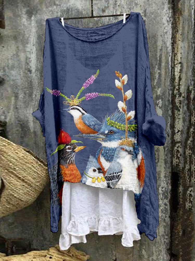 Comstylish Lovely Birds Art Linen Blend Flowy Tunic