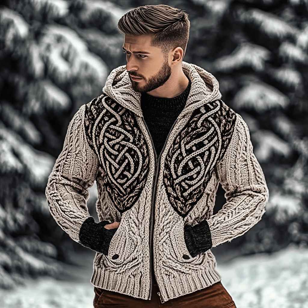 Men's Viking Tribal Jacquard Celtic Chunky Knit Zipper Cardigan artswardrobe