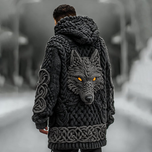Men's Viking Celtic Knot Wolf Jacquard Knit Hooded Zipper Sweater Cardigan elevenforest