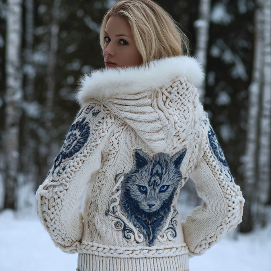 Viking Retro Style Cat Embroidery Pattern Women's Knit Hooded Sweater Jacket artswardrobe