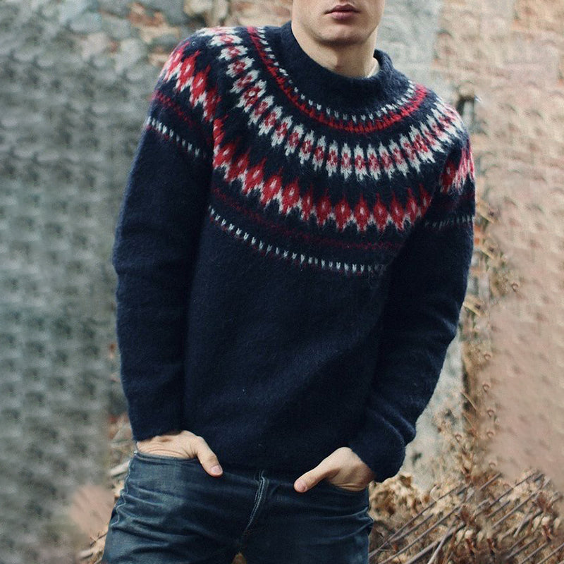 Men's Vintage Contrast Patchwork Fairman Island Knit Jacquard Crew Neck Sweater elevenforest