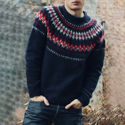 Men's Vintage Contrast Patchwork Fairman Island Knit Jacquard Crew Neck Sweater elevenforest