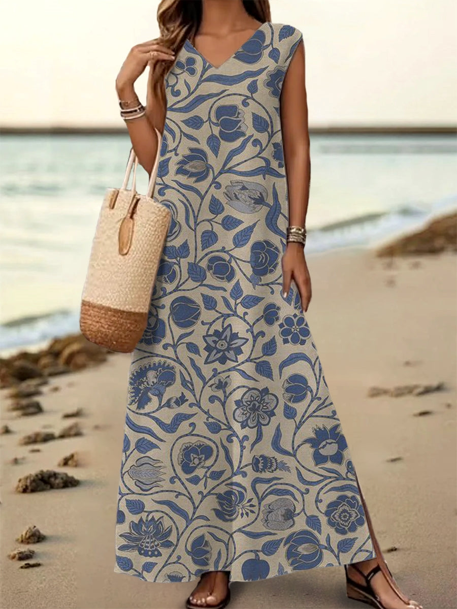 Women's Floral Art Print V-Neck Sleeveless Cotton Pocket Dress