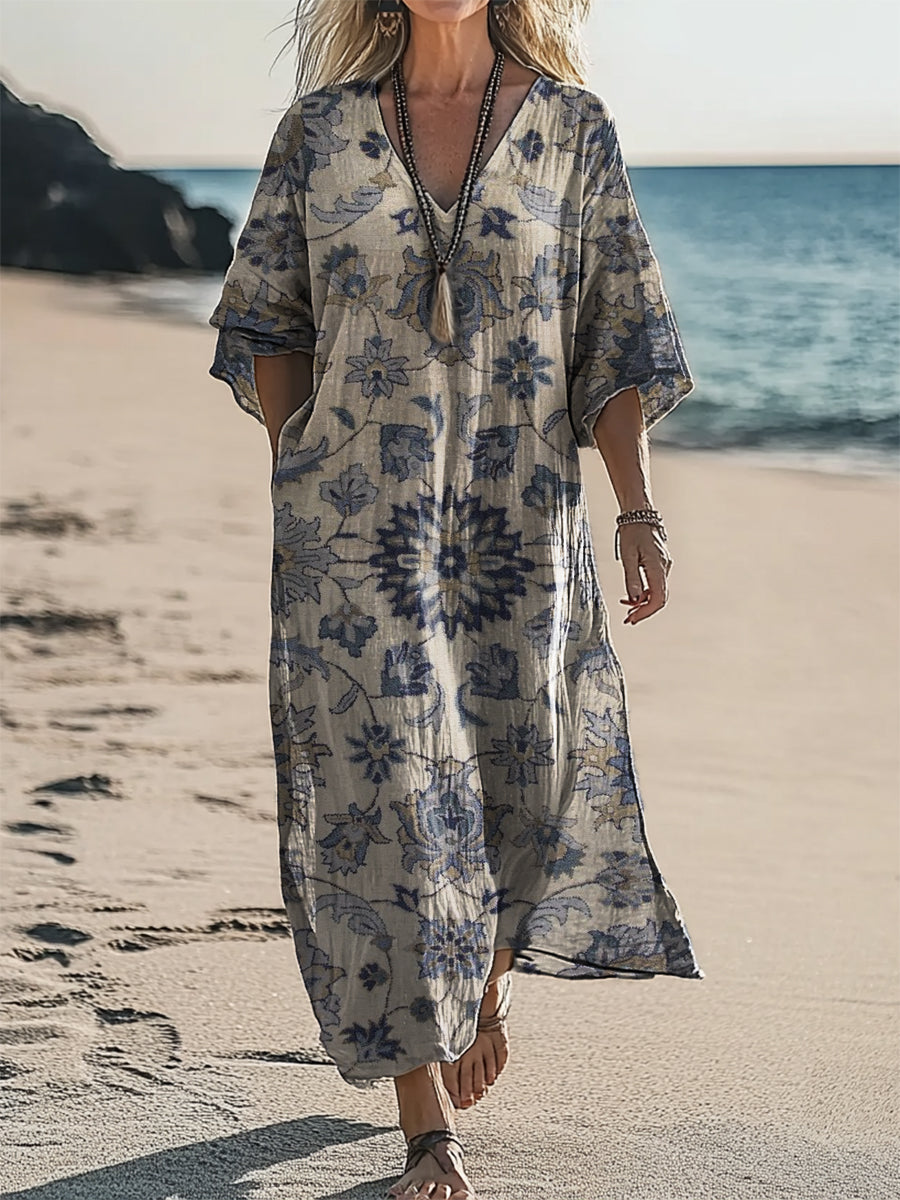 Women's Folk Totem Floral Art Print V-Neck Comfort Cotton Pocket Dress