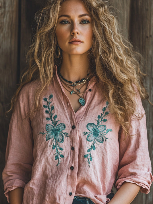 Vintage Bohemian Holiday Style Linen Floral Print  Long Sleeve Shirt artswardrobe