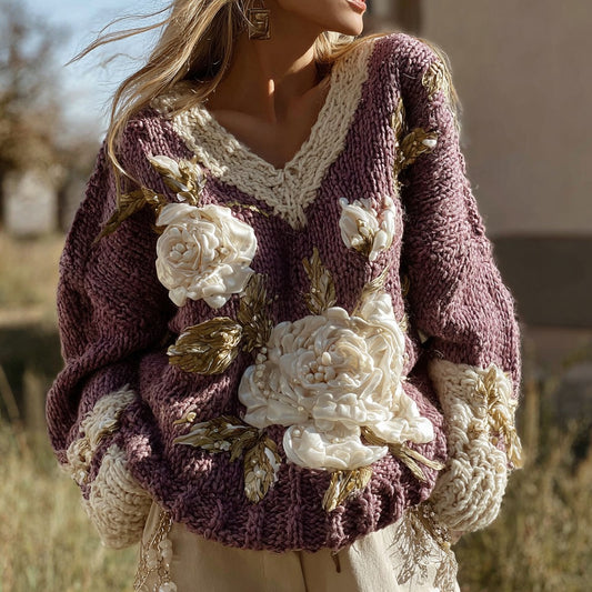Women's Vintage White Rose Pattern Warm Knitted V-neck Sweater elevenforest