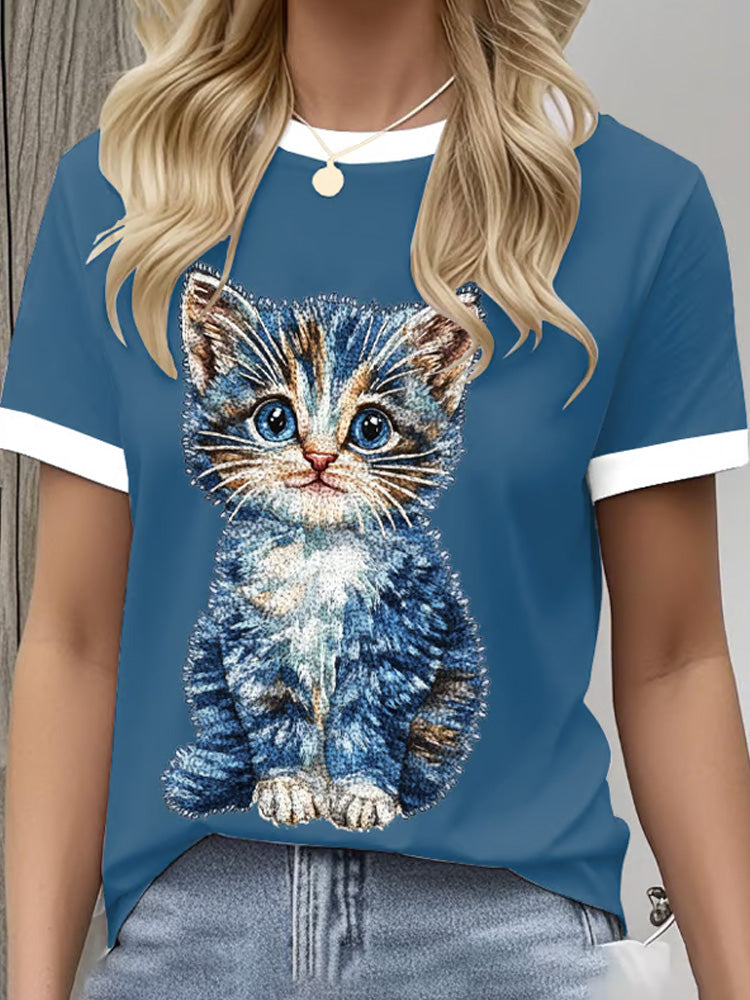 Women's Retro Funny Denim Patch Animal Cat Print Crew Neck T-shirt elevenforest