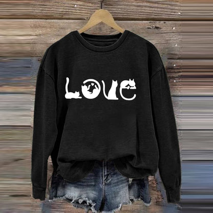 Cat Love Printed Round Neck Casual Sweatshirt elevenforest