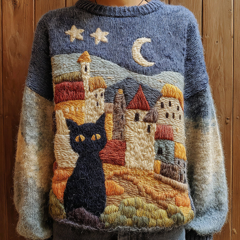 Fairytale Cottage With Cute Black Cat Inspired Embroidered Cozy Knit Sweater artswardrobe